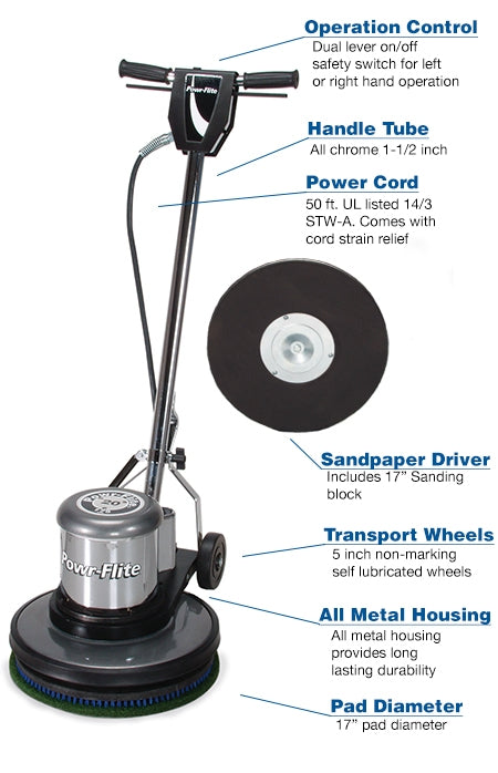 Powr-Flite Classic Metal, Floor Machine, Low Speed, 17", 95lbs, 175 RPMs, 1.5HP, 50' Cord, Includes Sanding Drive Plate