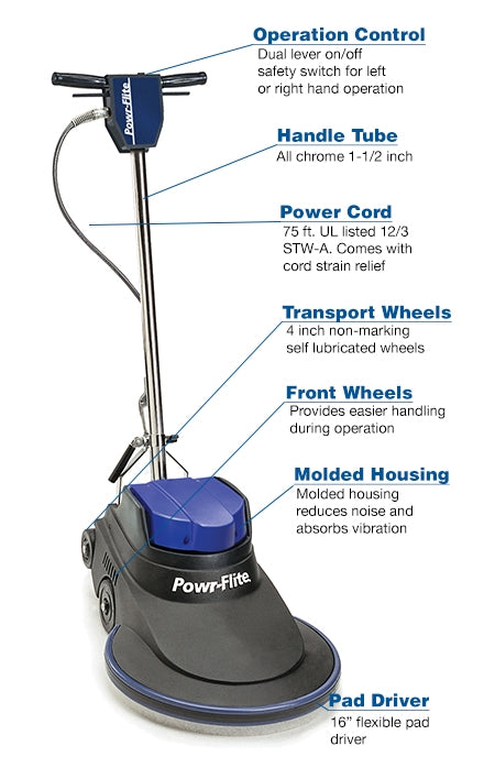 Powr-Flite Millennium Edition, Floor Burnisher, 20", 1600 RPM, No Dust Control, 75' Cord, Forward and Reverse