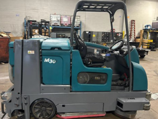 Used Tennant M30, Floor Sweeper Scrubber,  62”, 75 Gallon, Propane, Ride On, Cylindrical, Overhead Guard