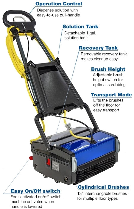 Powr-Flite PFMW14, Floor Scrubber, 14", 1 Gallon, Electric, Cylindrical, Forward and Reverse